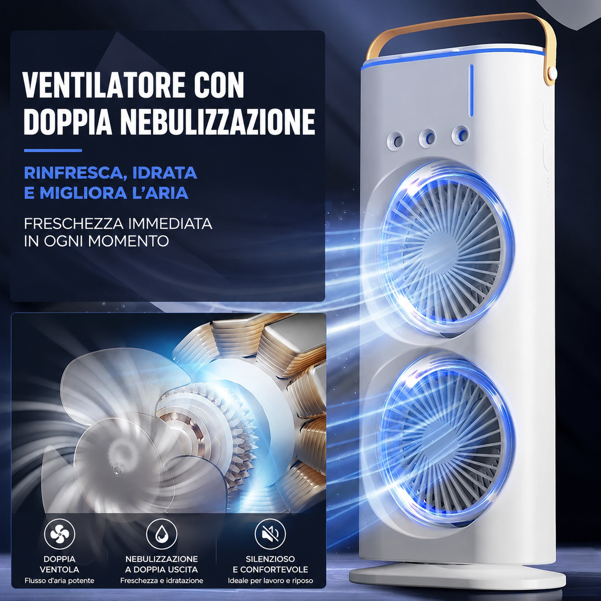Ventilatore portatile con nebulizzatore e nebbia d'acqua rinfrescante - PRIMOMOMAX